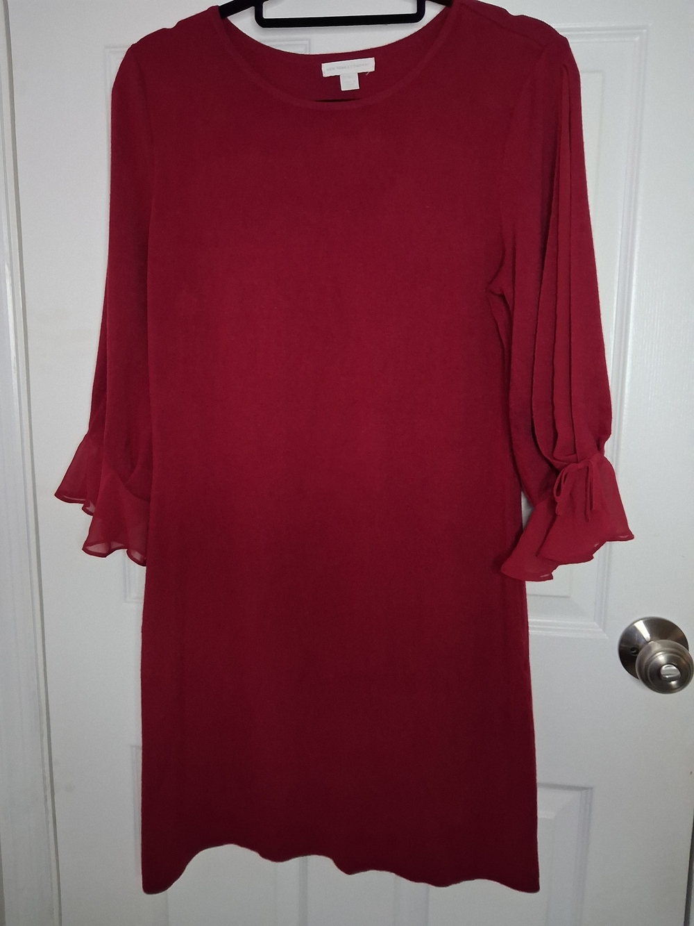 New York & Company Burgundy Long-Sleeve Shift Dress with Ruffle Tie Cuffs